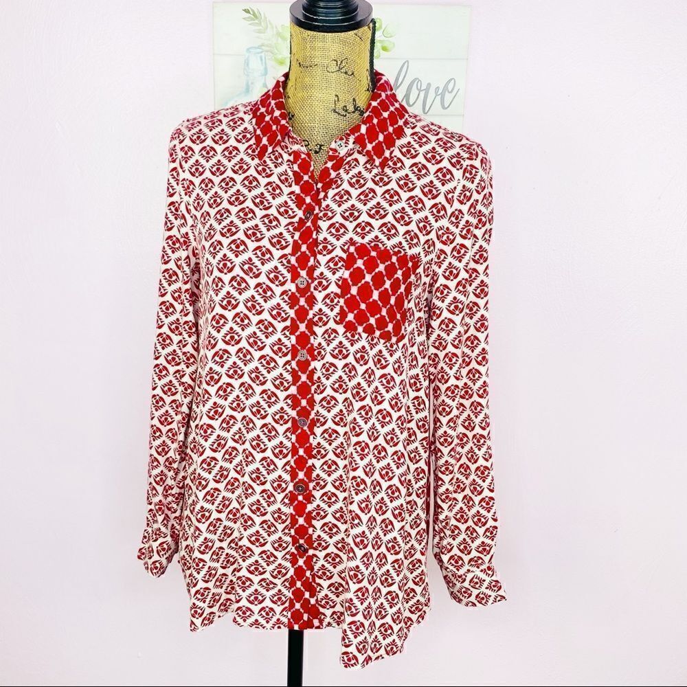 Style & Co. Dual Geometric Print‎ Button Front Shirt Red Cream Petite Small
